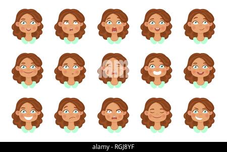 Jeu de fille mignonne avatar face expressions d'émotions. Illustration de Vecteur