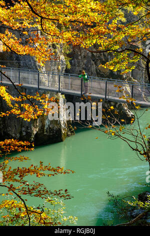 Autriche, Tyrol, randonneur sur pont suspendu à la Tiroler Ache en automne à Banque D'Images