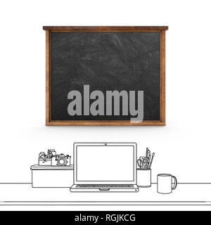 Le rendu 3D Illustration d'esquisse de blank blackboard et ordinateur portable avec appareil photo Banque D'Images