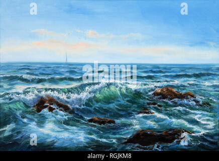 Vague De Mer Sur La Plage à La Peinture De Rayons De Soleil
