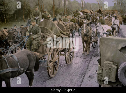 Les soldats allemands à cheval dans des chariots et des charrettes, campagne de l'Europe centrale, dans l'ouest de l'invasion alliée de l'Allemagne, 1945 Banque D'Images