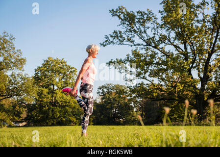 Senior woman stretching on meadow rural Banque D'Images