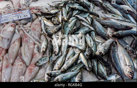 L'étal d'un poissonnier au Mercado da Ribeira (marché Ribeira) à Lisbonne, Portugal Banque D'Images