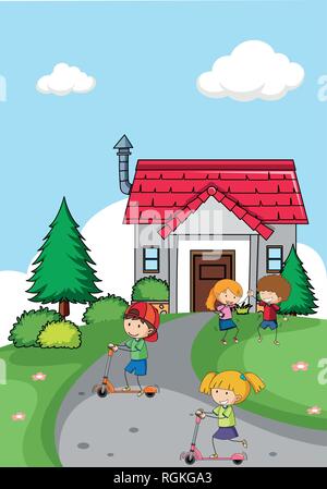 Les enfants en face de la maison illustration Illustration de Vecteur
