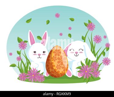 Le lapin avec oeuf mangeur de plantes et de fleurs Illustration de Vecteur
