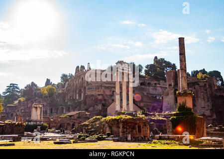 Rome, Italie - 17 novembre 2018 : vue sur le Temple de Castor et Pollux et sur Domus Tiberiana palace reste ruines comme une partie de bord ouest du Palatin Banque D'Images