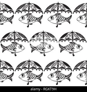 Modèle transparent avec des poissons avec parapluie. vecteur. zentagl le gribouillage. Illustration de Vecteur