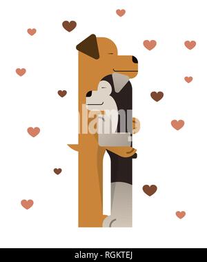 Deux chiens mignon serrant. Valentines Day. Illustration vecteur de l'amour. Forme de coeurs. Illustration de Vecteur