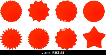 Ensemble d'étoiles rouges en forme de soleil ou la vente d'autocollants. Notes adhésives et étiquettes promotionnelles Illustration de Vecteur