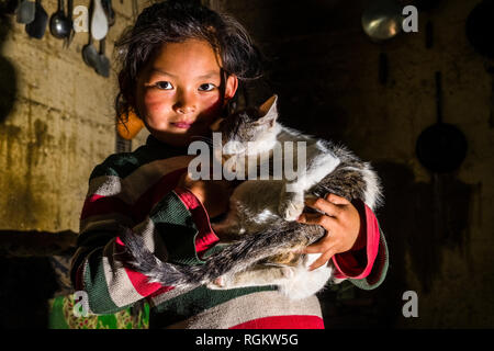 Portrait of a smiling girl locale, portant un chat Banque D'Images