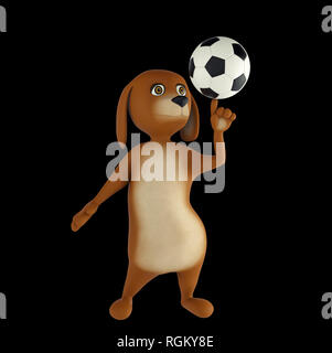 Cartoon dog est jouer au football. Isolé sur fond noir. Le rendu 3D Banque D'Images