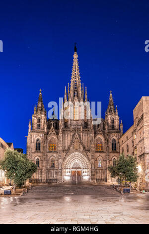 Vue nocturne de la cathédrale de la Sainte Croix et Sainte Eulalia, Barcelone, Catalogne, Espagne Banque D'Images