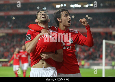 Sagres Pizzi de SL Benfica et João Félix de SL Benfica sont vus en train de célébrer un but durant le match de football de ligue NOS 2018/19 entre SL Benfica vs FC Boavista. (Score final ; 5:1 SL Benfica Boavista FC) Banque D'Images