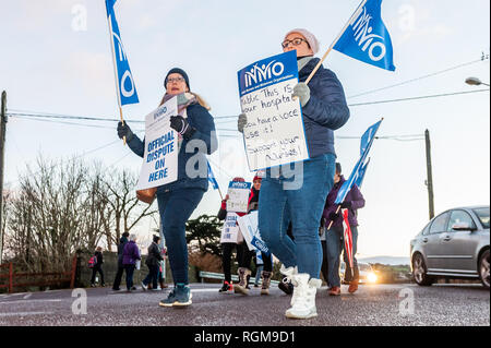 Bantry, West Cork, Irlande. 30 janvier 2019. Plus de 35,000 infirmières autour de l'Irlande ont commencé une grève de 24 heures à 8 heures ce matin. Ils sont en train de surpasser la parité salariale, le recrutement et la rétention du personnel et exigent une augmentation de 12 % du salaire. Ce matin, environ 20 infirmières ont monté une ligne de piquetage à l'hôpital général de Bantry. Crédit : AG News/Alay Live News. Banque D'Images