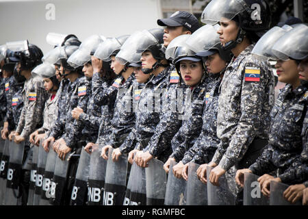 Caracas, Venezuela. 30Th Jan, 2019. Les membres de la Police nationale bolivarienne (PNB) jusqu'à la ligne gardent l'entrée de l'Université centrale du Venezuela (UCV) à Caracas, au cours d'une manifestation contre le gouvernement du président Nicolas Maduro, appelé par le chef de l'opposition et l'auto-proclamé président par intérim ''Juan Guaido'', le 30 janvier 2019. Le président vénézuélien Nicolas Maduro a mercredi à "mercenaires "militaire'' dit-il conspirent pour diviser les forces armées et de l'intrigue d'un coup comme l'opposition prévu une nouvelle protestation à forcer le chef socialiste du pouvoir. (Crédit Image : © Elyxandro C Banque D'Images