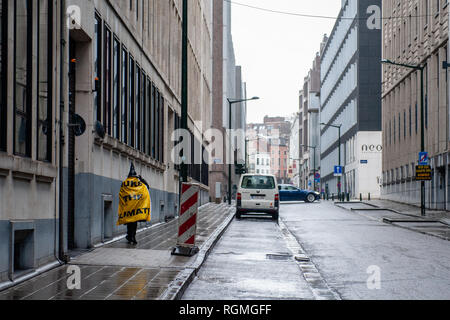 Bruxelles, Brabant, Belgique. 27 Jan, 2019. Vu une femme avec une bannière sur ses épaules durant la marche de protestation.''prends pour la Belgique du climat'', a organisé une marche avec le soutien de Greenpeace et du climat Express, de contester le gouvernement belge ainsi que les chefs d'état qui va à du sommet du Conseil européen de Bruxelles. La marche a commencé à la Gare du Nord, et se termine à la place du Luxembourg, face au Parlement européen. C'était la première journée d'action climatique ''Crédit' : Ana Fernandez/SOPA Images/ZUMA/Alamy Fil Live News Banque D'Images