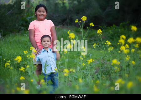 Une grande sœur debout derrière son petit frère dans un champ de fleurs jaunes et verts d'herbe sauvage. Banque D'Images