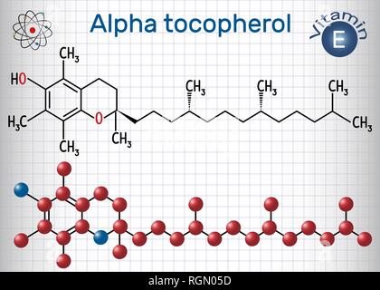 Alpha tocophérol (vitamine E) molécule. Formule chimique structurale et molécule modèle. Feuille de papier dans une cage. Vector illustration Illustration de Vecteur
