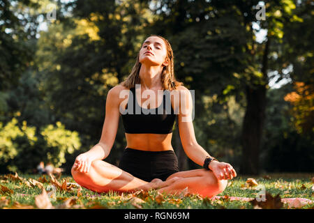 Fit young woman practicing yoga in a park Banque D'Images