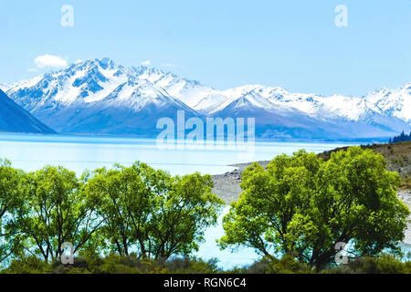 Le lac Tekapo milieu image du calque de premier plan et superbes paysages enneigés des Alpes du sud lointain dans la couche au point arrière Banque D'Images