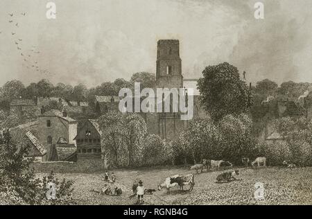 Reino Unido. Inglaterra. Dorking. Ciudad en El Condado de Surrey. Vista de la antigua Iglesia parroquial de San Martín (St. Martin's Church) antes de la construcción, en el siglo XIX, de una nueva aguja y Torre. Es una iglesia anglicana que se remonta a la Edad Media. Gravure por Josiah Henshall (1801 ? -1869) a partir de un estudio original de James C. Allen (1821-1833). 'London et ses environs", h. 1840 (Londres y sus Alrededores). Biblioteca Histórico Militar de Barcelone, Catalogne, Espagne. Banque D'Images