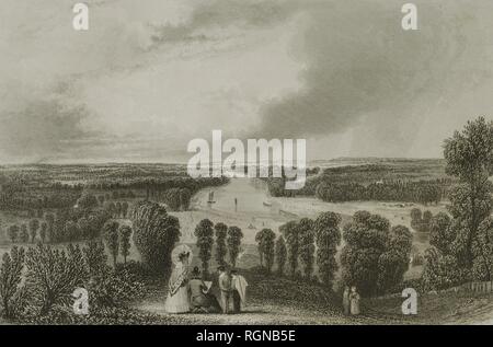 Reino Unido. Inglaterra. Richmond. Antiguamente formó parte de la paroisse de Kingston Upon Thames, en El Condado de Surrey. A partir de 1965 pasó un formar parte del Condado del Gran Londres. Un paisaje del Panorámica principios del siglo XIX. Meandro del río Támesis. Gravure par Charles Mottram (18807-1876). Dibujo por G. B. Campion. 'London et ses environs", h. 1840 (Londres y sus Alrededores). Biblioteca Histórico Militar de Barcelone, Catalogne, Espagne. Banque D'Images
