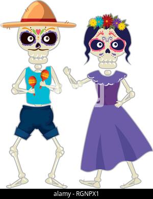 Squelette de Katrina et mariachi jouant des maracas Illustration de Vecteur