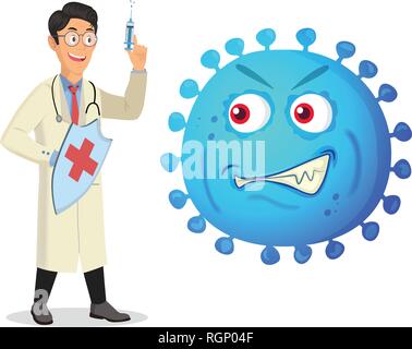 Médecin avec une seringue et le mal autour de virus Illustration de Vecteur