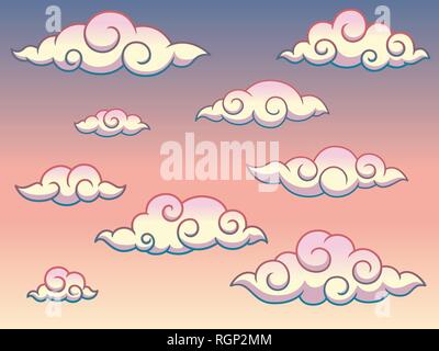 Rainbow swirl japonais ou chinois style curly nuages dans le fond de ciel, isolé sur fond blanc, vector clip art illustration. Illustration de Vecteur