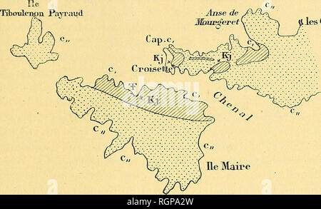 . Bulletin de la SociÃ©tÃ© gÃ©ologique de France. La géologie. 1898 MASSIFS DE MARSEILLEVEYRE MES ET DE LA TÃTE PUGET 435 feuille de Marseille. Ils sont, par contre, indiquÃ©s assez exactement sur la carte de MM. Gourret et Gabriel. La fig. 5 reprÃ©sente au ^jÃ'y la disposition de ces affleurements. La fig. 6 est une coupe d'ensemble de la Madrague Ã l'Ã®le Maire, rÃ©sumant les faits Ã©noncÃ©s jusqu'ici. les Calanques. Ile Maire Fig. o. - Carte des environs du cap Croisette. di, Urgonien ; EC, de l'Aptien ; Kj, KjokkenmÅddings campigniens ; W, GÃ®te de fossiles. S. HeMaire Mouvgeret « Jradpogue la N. Banque D'Images