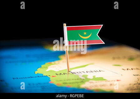 La Mauritanie marquée d'un drapeau sur la carte Banque D'Images