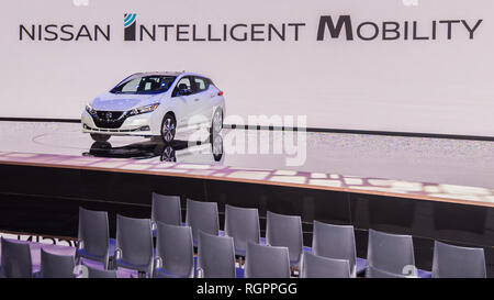 DETROIT, MI/USA - 14 janvier 2019 : UN 2019 Nissan Leaf EV car à l'occasion du North American International Auto Show (NAIAS). Banque D'Images