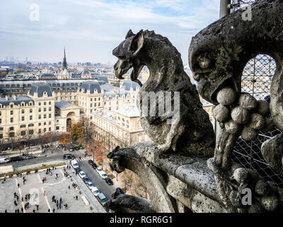 Deux de la célèbre chimère des statues de la cathédrale Notre-Dame de Paris, contemplant la ville des tours gallery. Banque D'Images