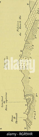 . Bulletin de la SociÃ©tÃ© gÃ©ologique de France. La géologie. 684 FOURNIKR. INFLUENCE DE LA CONSTITUTION DU SUBSTRAT EN 28 Juio J'ai dÃ©jÃ fait remarquer (loc. cit., p. 248) que dans toute la partie septentrionale de cette rÃ©gion (prÃ¨s de Korta), les plis ne prÃ©résident pas distrihutiÃ à la"n des Ã©tages sur la carte, et que, par exemple, un pli qu'on a com- mencÃ© Ã suivre dans l'Urgo- nien, se poursuit, sans discon- tinuitÃ©, dans les psammites du Jurassique supÃ©rieur,dans rOolithe, puis dans le Lias, ainsi que le montre la carte Schüller©matique de la fig. 3, c'est-Ã -dire que dans toute cette pa Banque D'Images