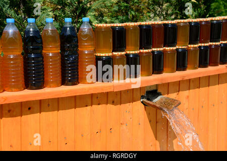 Printemps l'eau rafraîchit l'huile d'olive et miel, Uji j'Ftothe, Albanie Banque D'Images