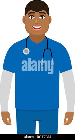 African American man black doctor with stethoscope. Medic en vêtements de travail, d'illustration vectorielle heureux caractère dans un style cartoon Illustration de Vecteur