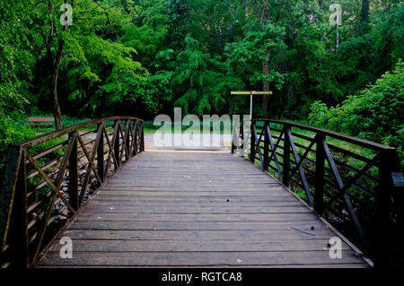 Un petit pont arqué enjambe un ruisseau le long de la Voie verte à Shelley Lake Park à Raleigh en Caroline du Nord. Banque D'Images