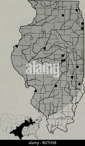 . Bulletin. Histoire naturelle ; l'histoire naturelle. 270 Illinois Natural History Survey Bulletin, "lo. 28, Art. Accordinji ; à Wright (1941) la taille de la couvée dans le nord de l'Illinois ranjies de 5 à 14, et les jeunes naissent à la fin août et début septembre. La distribution de l'Illinois.-l'niassasauga a été probablement au cours de la commune les quatre cinquièmes du nord de l'Illinois avant de culti- tion intensive et le drainage des marais des prairies. L'espèce est maintenant largement dispersés en colo- nies, fig. 250, où le terrain est trop pour la culture ou marécageux où, pour diverses raisons, les pratiques agricoles ont diminué. Banque D'Images