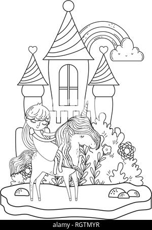 Licorne et de la princesse dans le château avec rainbow Illustration de Vecteur