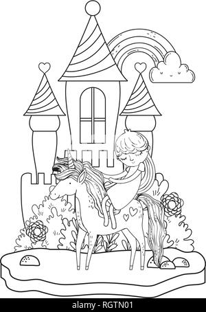 Licorne et de la princesse dans le château avec rainbow Illustration de Vecteur