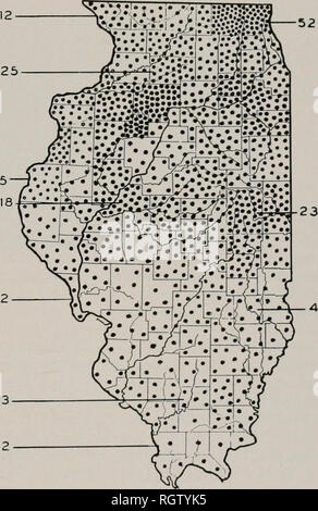 . Bulletin. Histoire naturelle ; l'histoire naturelle. Septembre, 1943 : Mohr et Distribution à fourrure fourrure 513 revenu dans une zone donnée est vaste, la population de l'animal à fourrure dans ce domaine est susceptible d'être wcxy, grande et, si petite, la population est susceptible d'être petite. Le RAT MUSQUÉ Le rat musqué-Distribution.*, fig. 4, sont présentes dans tous les comtés de l'Illinois et sont plus nombreuses dans les comtés de Lake et McHenry, au nord de Chicago, où les étangs, marais et lacs bordée d'herbe et lent, stable d'eau sont à la fois largement répandue et d'excellents habitats. À quelques exceptions près, le nombre de rats musqués diminuer diplômés allié pour t Banque D'Images