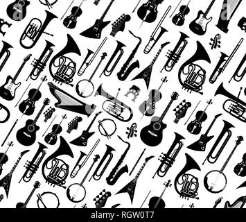 Fond transparent avec des silhouettes d'instruments de musique couleur noir isolé sur blanc. Vector illustration Illustration de Vecteur