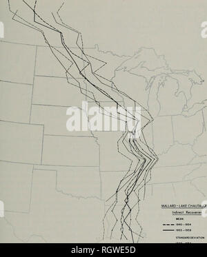 . Bulletin. Histoire naturelle ; l'histoire naturelle. Septembre, 1970 Bellrose &AMP ; Crompton : comportement migratoire de canards. MALLARD-LAC CHAUTAUQUA SIGNIFIE Recouvrements indirects 1940-1954 1955-1959 1955-1959 1940-1954 ÉCART TYPE D Recouvrements rect 1939-44, 1947-1952 - -- « ^ » Moyenne Écart type Fig. 7. - Une comparaison de la distribution longitudinale des nnallard indirecte des récupérations du lac Chautauqua baguage pour tv/o périodes, 1940-1954 et 1955-1959. Les bagues récupérées directement pour les périodes 1939-1944 et 1947-1952 sont également indiqués. au sud de la rivière Saskatchewan. rect moyenne de récupération Banque D'Images