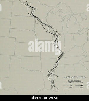 . Bulletin. Histoire naturelle ; l'histoire naturelle. Septembre, 1970 Beilrose &AMP ; Crompton : comportement migratoire de canards. Fig. 6.- Chautauqua. al Emi 1952-1957, des actions indirectes des récupérations de canards colverts bagués au lac de trajectoire de vol prise par la migration des canards colverts dans l'est du Dakota du Nord. Dans 9 des 16 dernières années (1940-1943, 1945, 1946, 1952, 1953 et 1955), la ligne axiale des recouvrements est arrivé à la rivière Mississippi, près de la frontière du Minnesota et l'Iowa. Dans l'autre 7 ans (1944, 1948-1951, 1954, et 1956) la ligne axiale est arrivé à la Mis- sissippi River plus au sud, dans le nord-ouest- ern Illinois. Nous ar Banque D'Images