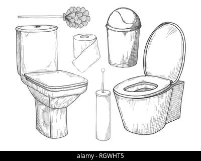 Croquis de la cuvette des toilettes et autres articles de toilette isolé sur fond blanc. Vector Illustration de Vecteur