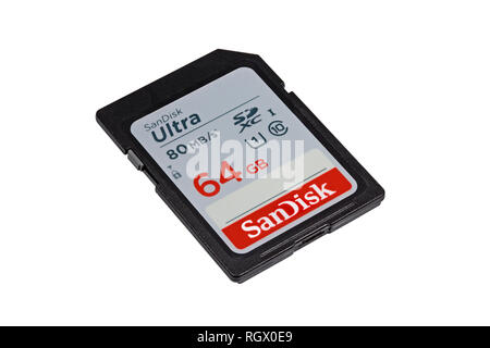 64 Go SanDisk Ultra carte mémoire SDXC isolé sur fond blanc Banque D'Images