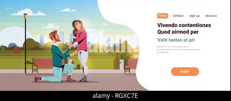 Homme à genoux tenant bague de fiançailles femme proposant l'épouser happy valentines day city park concept cityscape couple in love mariage copie offre Illustration de Vecteur