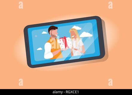 Man giving woman gift box wrapped surprise happy valentines day holiday celebration concept couple in love de l'écran du smartphone femme homme personnages Illustration de Vecteur