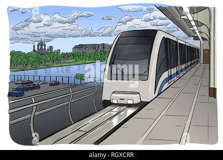 Croquis dessinés à la main, de la station de métro léger de Moscou Illustration de Vecteur