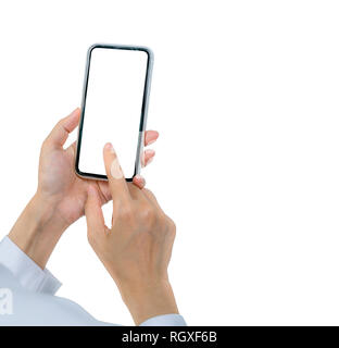 Woman's hand holding et l'utilisation de smartphone. Toucher la main libre Smartphone avec écran blanc isolé sur fond blanc et de l'espace pour copier du texte. Banque D'Images